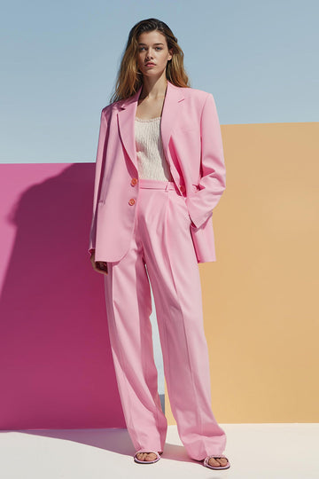 Rose 2 pièces satin simple boutonnage femmes costumes avec poches
